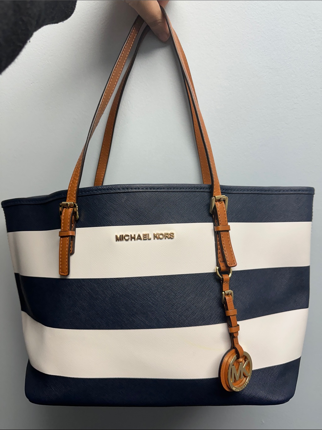 Michael Kors Navy And White Striped Tote With Tan Handles Purse